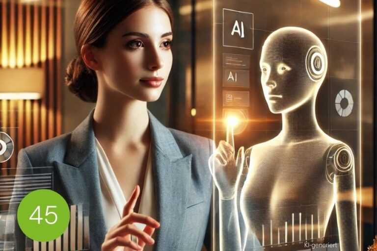 Zukunft der Arbeit mit künstlicher Intelligenz Geschäftsfrau interagiert mit einem digitalen KI-Avatar – futuristische Darstellung von Mensch-Maschine-Kollaboration im Berufsumfeld