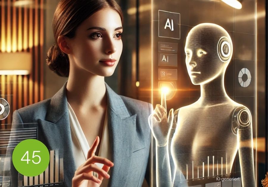 Geschäftsfrau interagiert mit einem digitalen KI-Avatar – futuristische Darstellung von Mensch-Maschine-Kollaboration im Berufsumfeld