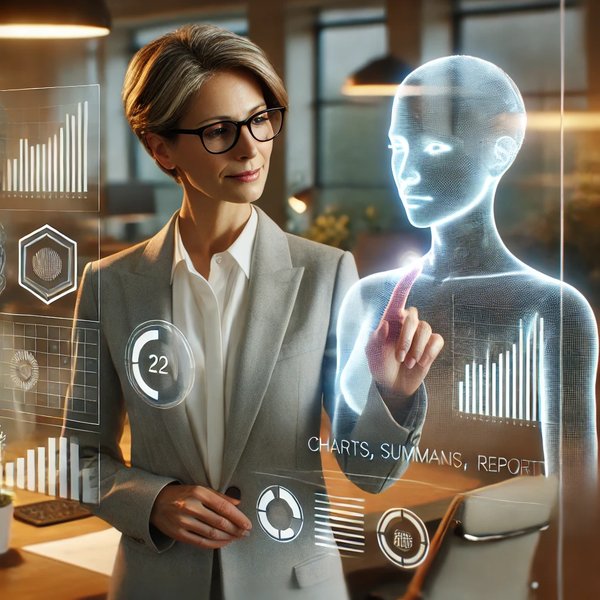 KI-Agenten und der radikale Wandel – Führungskraft im digitalen Zeitalter Führungskraft sitzt vor einem Bildschirm mit KI-Agenten-Interface und analysiert digitale Daten
